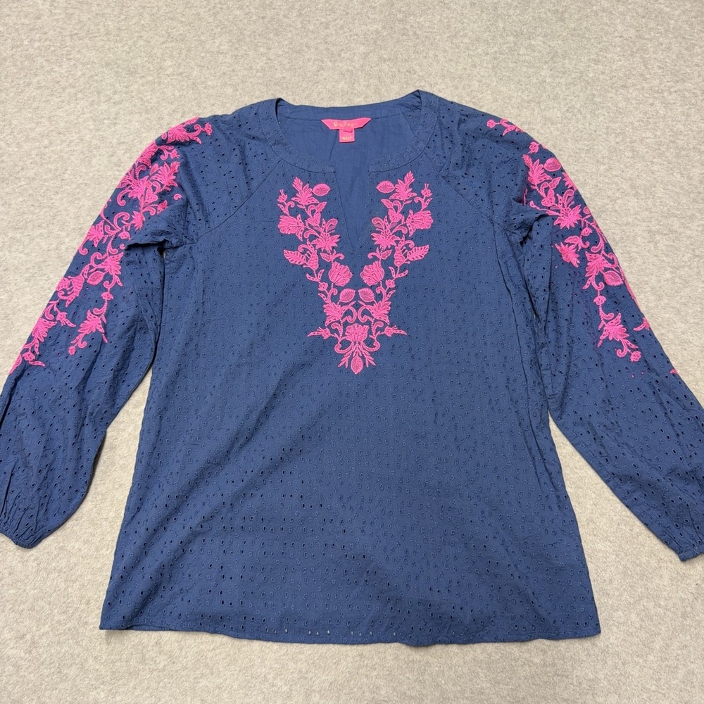 Lilly Pulitzer Emberline Tunic Blouse Womens XS Blue Eyelet Embroidered Floral